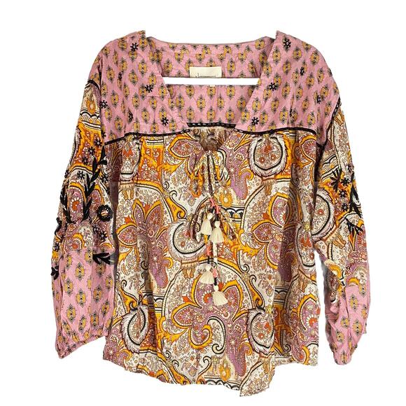 Anthropologie Kayleigh Boho Tassel Peasant Style Women’s Blouse Large - Picture 1 of 16